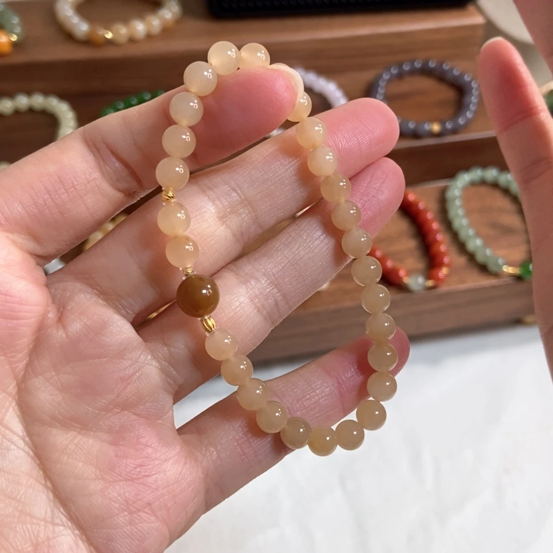和田玉手链18K金镶嵌6mm糖白精品