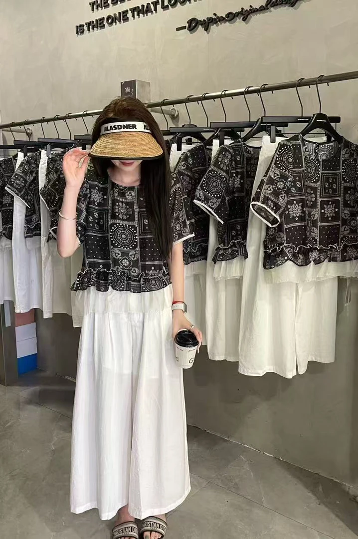 夏季新款设计感腰果花薄纱拼接宽松短袖套装