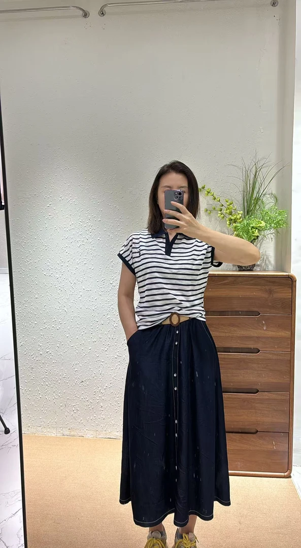 25夏季新款套裙条纹针织衫牛仔裙套装套裙慵懒风遮肉显瘦韩版套裙