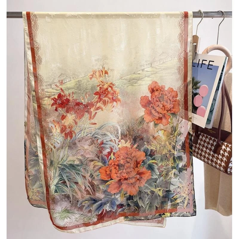 K(白扣) 【芙蓉花开】新中式薯莨纱剪花轻奢百搭70*180长巾（xys-482