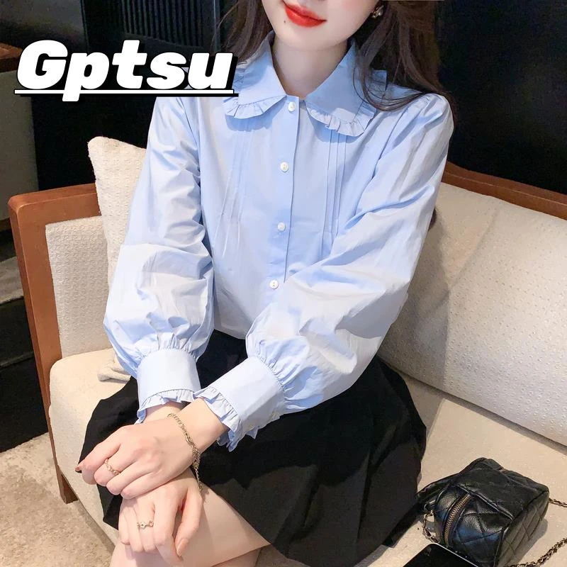 GPTSu蓝色花边娃娃领衬衫女2025年新款春秋小众洋气减龄长袖上衣