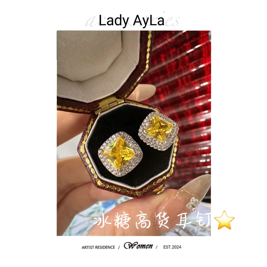 925银合成锆石耳饰 气质黄镶嵌耳钉AL1020/AL1020B