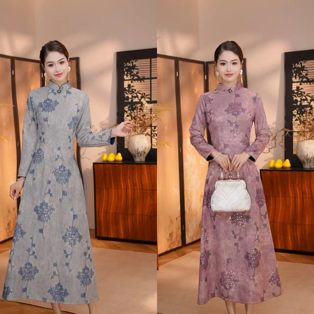 【星澜】衣长120新款冬季加绒复古中长高档文艺旗袍连衣裙