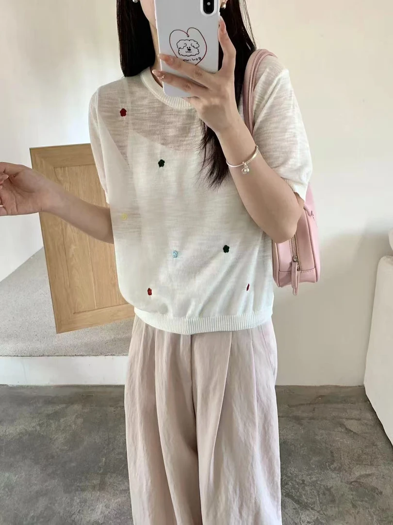 韩系休闲设计感刺绣花朵针织衫女夏新款轻薄T恤小衫上衣H069