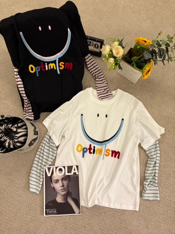 【NJ】夏季设计感假两件拼接撞色宽松长袖时尚T恤ins笑脸百搭短袖女