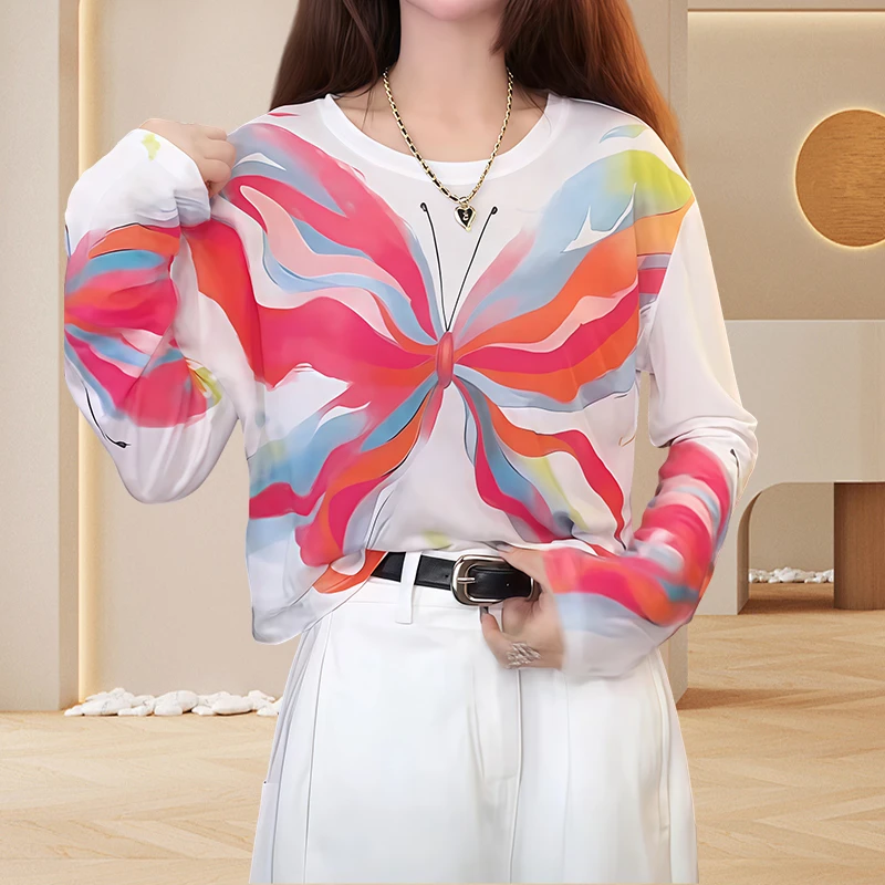 2025韩版新款小众设计感时尚彩色多巴胺蝴蝶印花长袖防晒T恤上衣