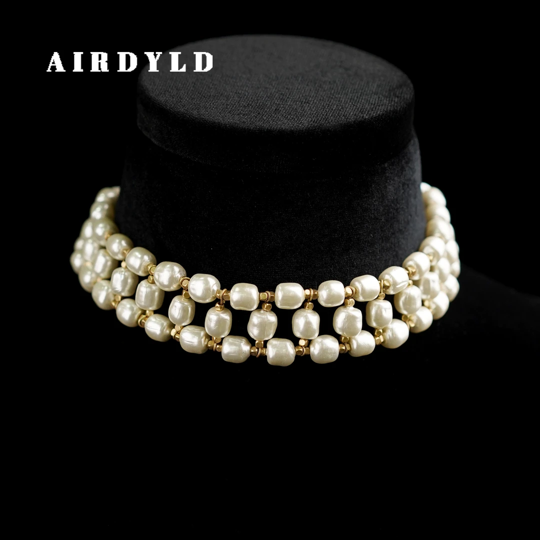 黄铜仿珍珠项链 【欧若拉】欧美性感华丽时尚编织百搭chocke颈链