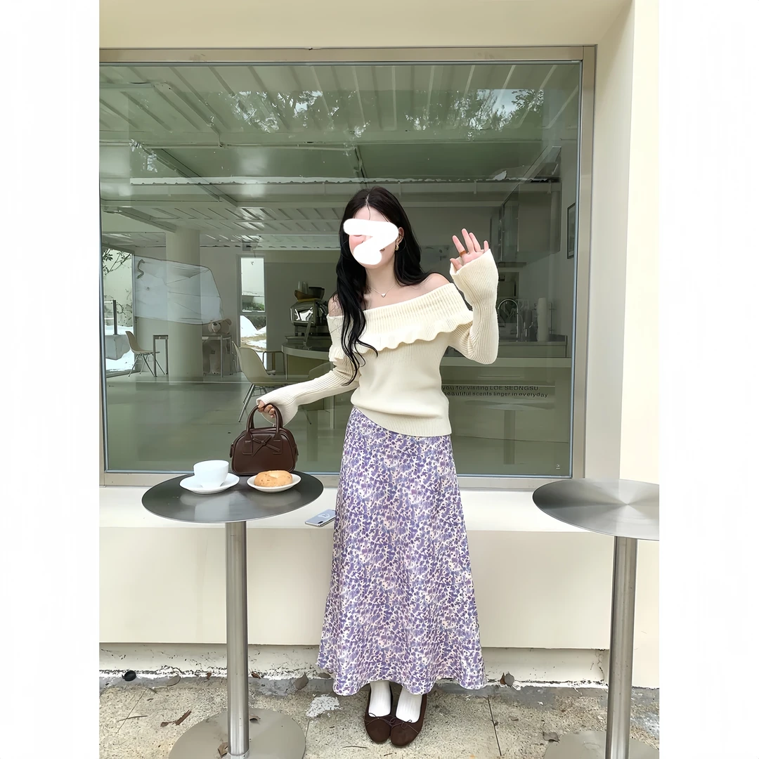 【秋风微澜】韩系温柔一字肩毛衣针织上衣紫色碎花半身裙套装S11202