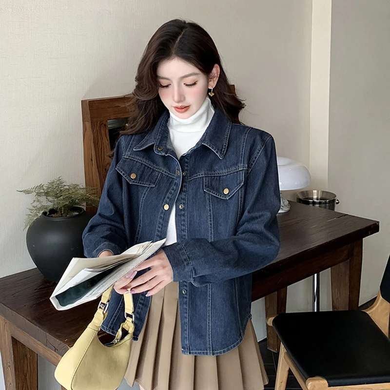 现货新款韩版叠穿复古柔软亲肤设计感百搭牛仔衬衣外套女