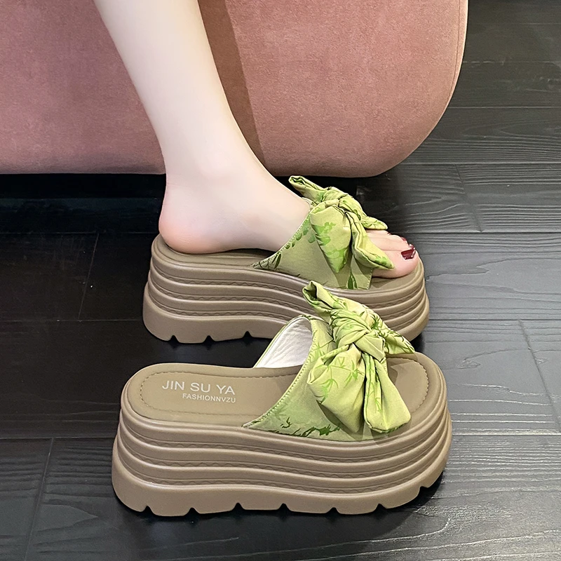 中式国风蝴蝶结厚底拖鞋女外穿夏2025新款百搭松糕小个子8cm凉拖