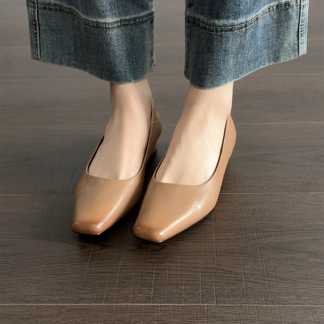 3cm/ED2454牛皮浅口单鞋女春夏百搭方头真皮法式低跟粗跟女鞋复古
