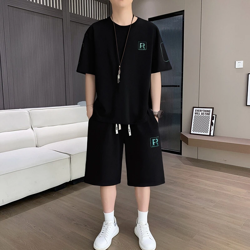 纯色圆领短袖2025年夏季青少年宽松T恤抽绳五分裤两件套运动套装