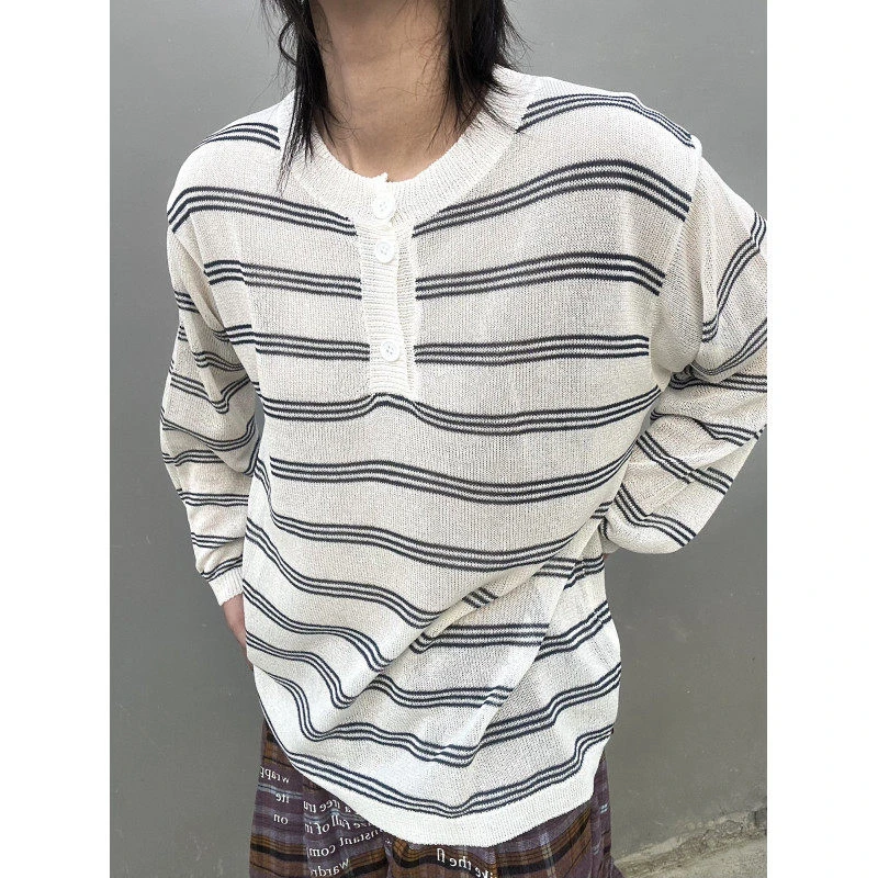 小众设计感初秋休闲慵懒风松弛感宽松日系男条纹长袖T恤防晒衣潮