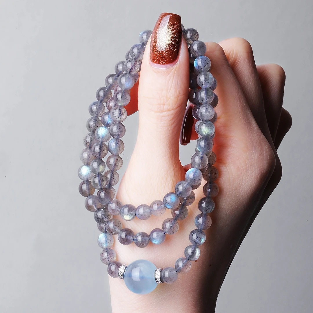 925银手链 S08692 蓝色大圆珠球球灰月光串珠手链