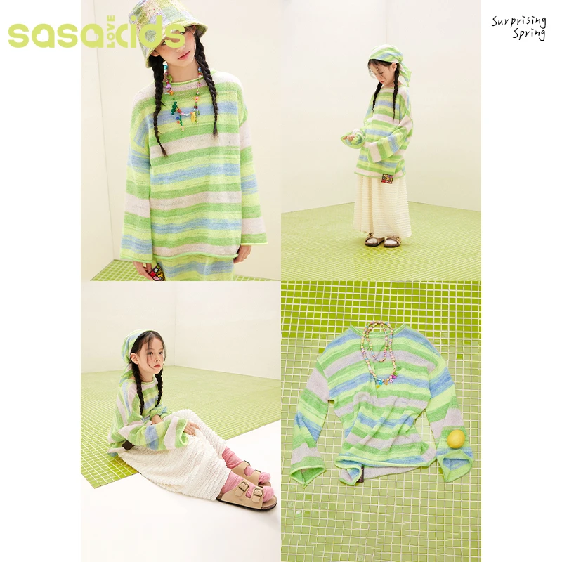 sasakids马海毛渐变条纹宽松套头针织长袖夏季空调衫+休闲背心裙