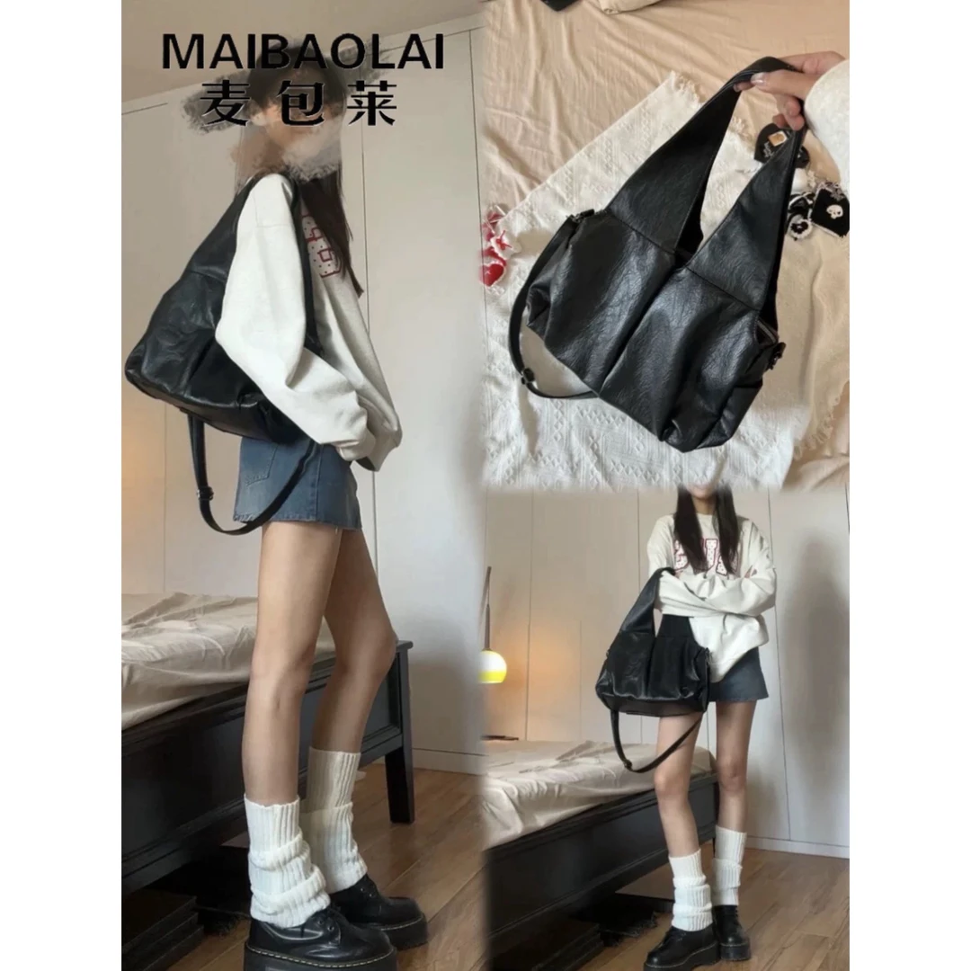 高质感斜挎包早八人通勤托特包女复古油蜡皮纯色黑色大容量单肩包