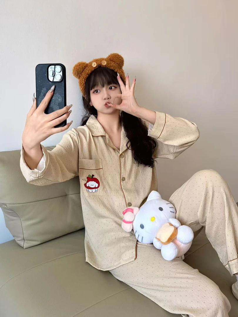 【波点苹狗】可爱小狗印花睡衣女秋季新款长袖休闲家居服可外穿套装