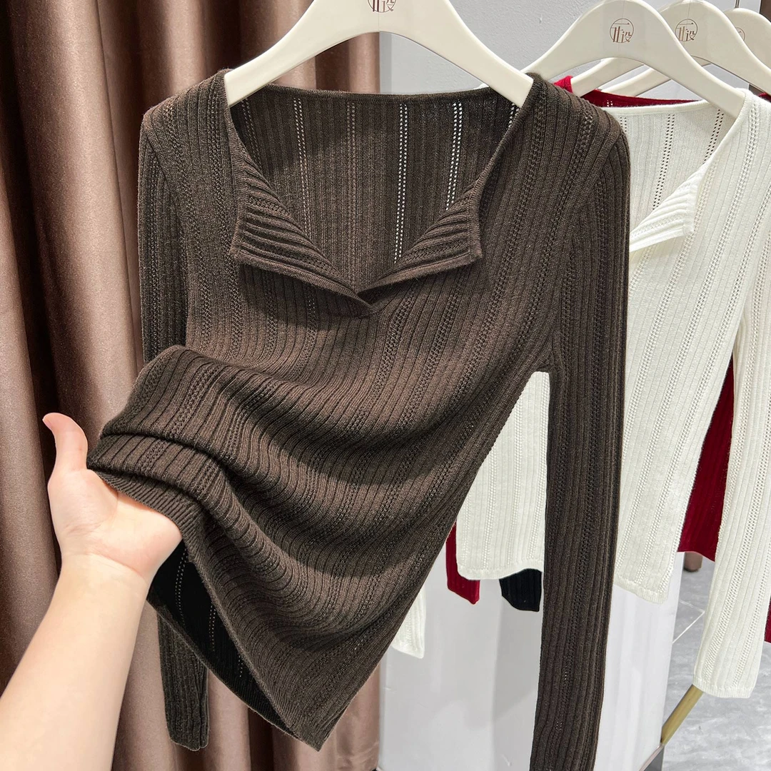 2025冬季新款坑条V领长袖套头上衣修身弹力正肩时尚韩版毛针织衫