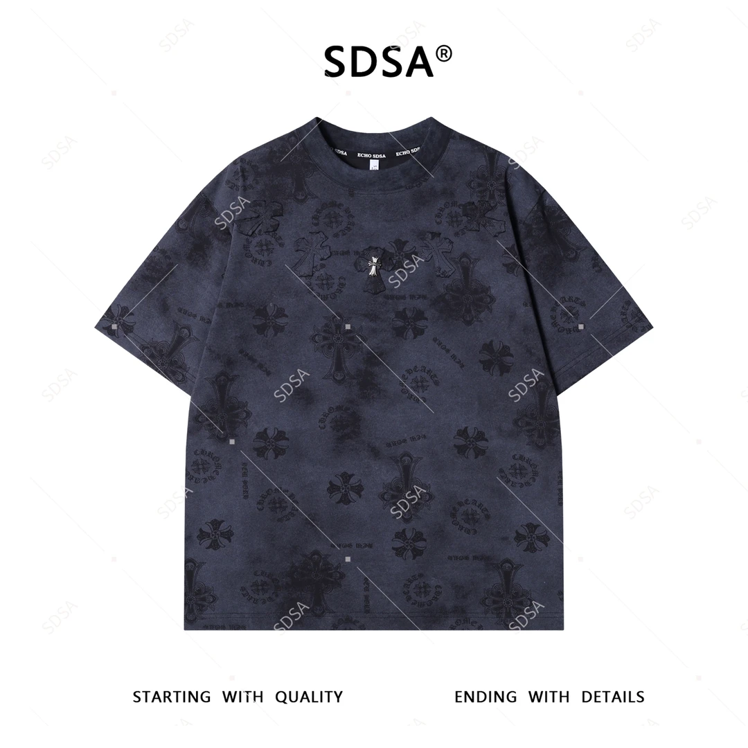 SDSA夏季新款男士痞帅潮牌十字贴布印花设计圆领短袖T恤显瘦百搭