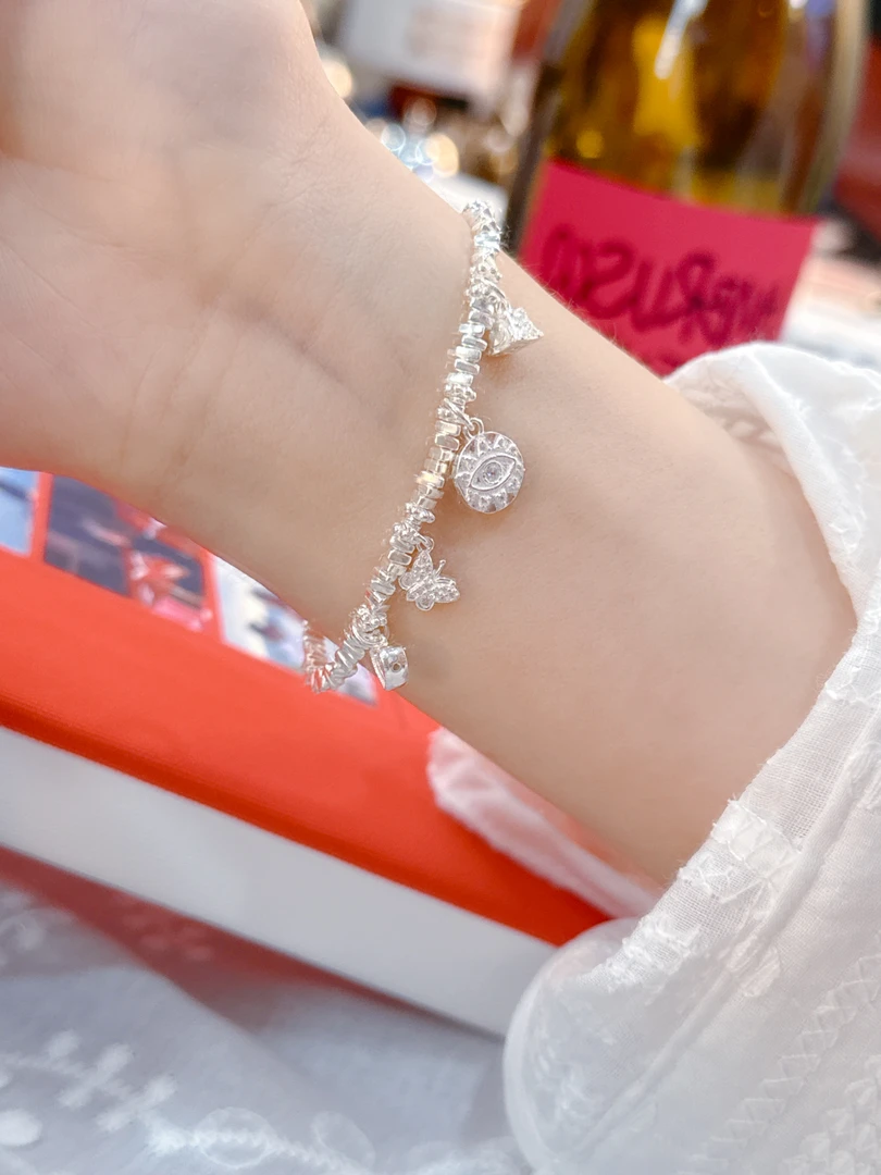 足银手链 足银999称心如意天眼蝴蝶爱心三角包新品碎银时尚盘缠