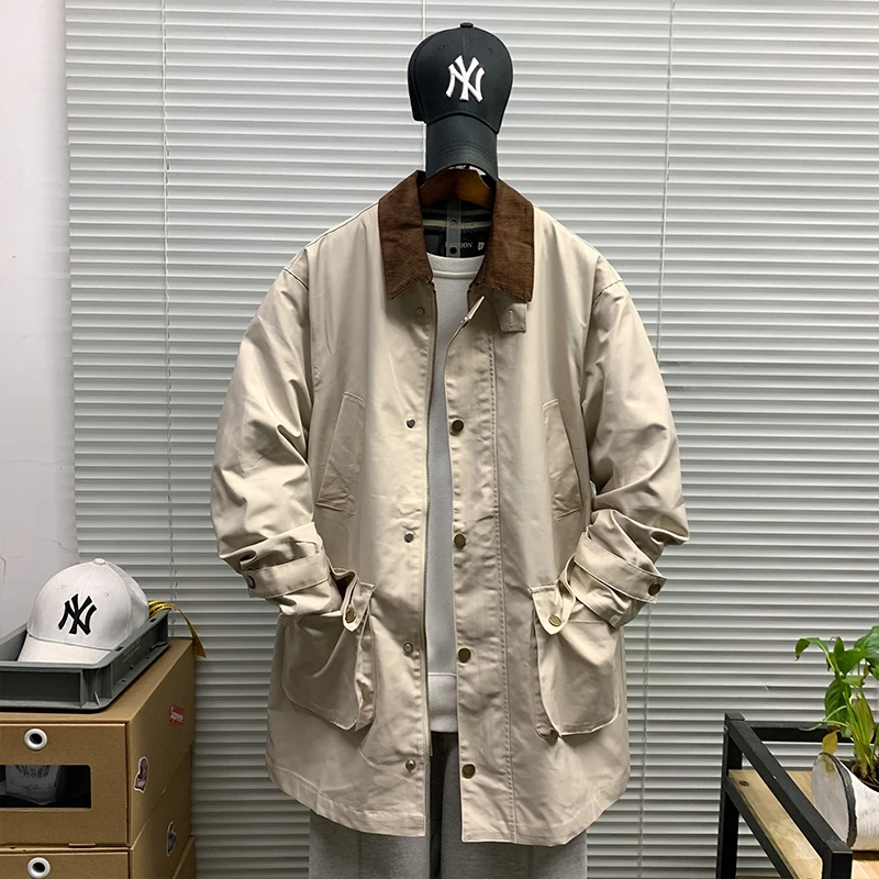春秋新款拼接翻领中长款风衣男潮牌休闲宽松百搭时尚防风夹克外套