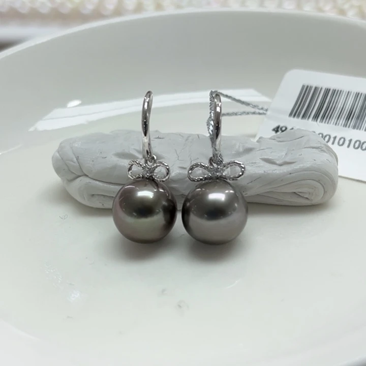 银S925镶嵌耳饰海水珍珠大溪地9-10m 24号