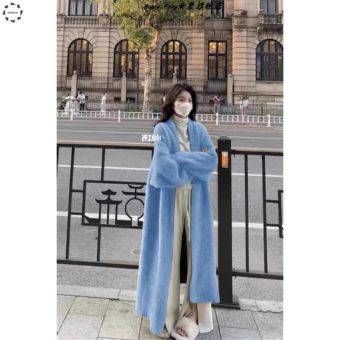 秋冬蓝色水貂绒针织开衫毛衣女宽松慵懒风软糯加厚中长款早秋外套