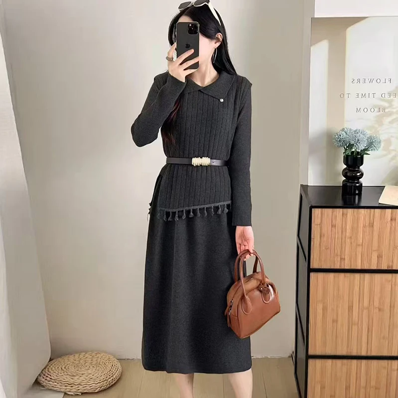 11.20早预告款冬季新款翻领针织连衣裙马甲洋气两件套装NQCYL0512