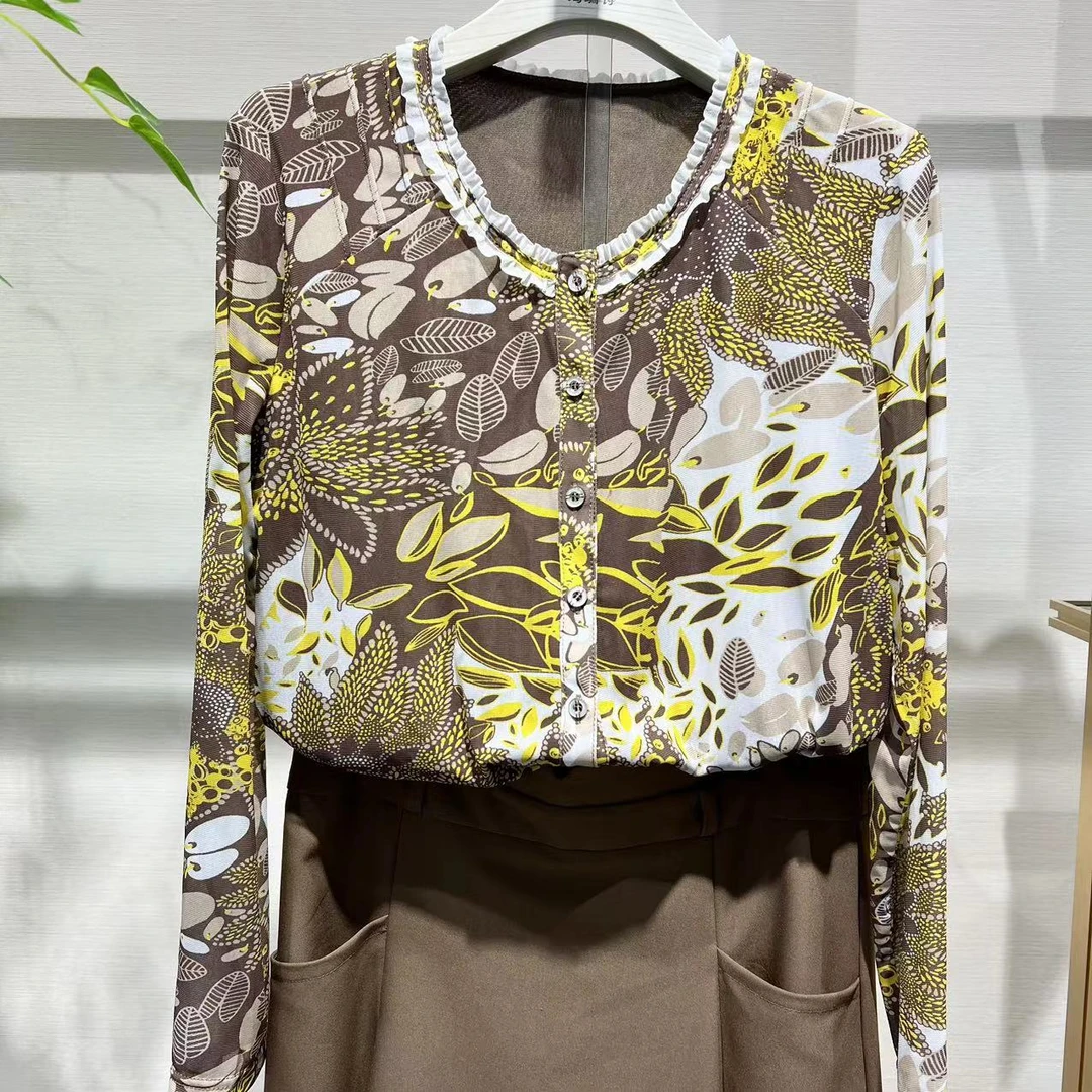 T5255专柜洋气黄蓝色大花长袖开衫印花显瘦气质百搭圆领弹力休闲