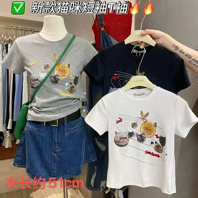 圆领短款印花猫头短袖