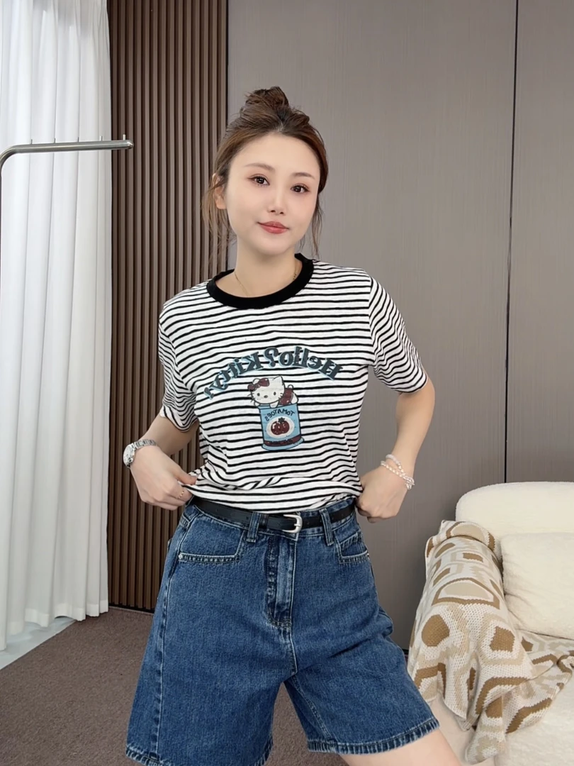 【火火】条纹Kitty双色条纹夏季新款休闲百搭T恤8225修身半袖显瘦