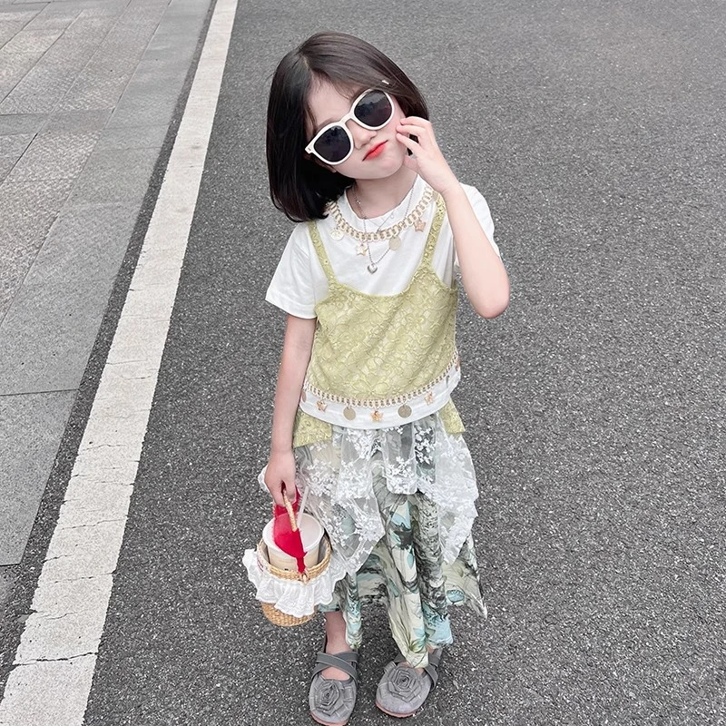 女童半身裙夏季2025新款中大童民族风假两件蕾丝裙套装女孩洋气潮