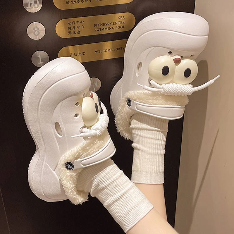 冬季新款洞洞鞋可拆卸棉套加绒保暖厚底外穿防滑室内毛绒棉拖鞋女