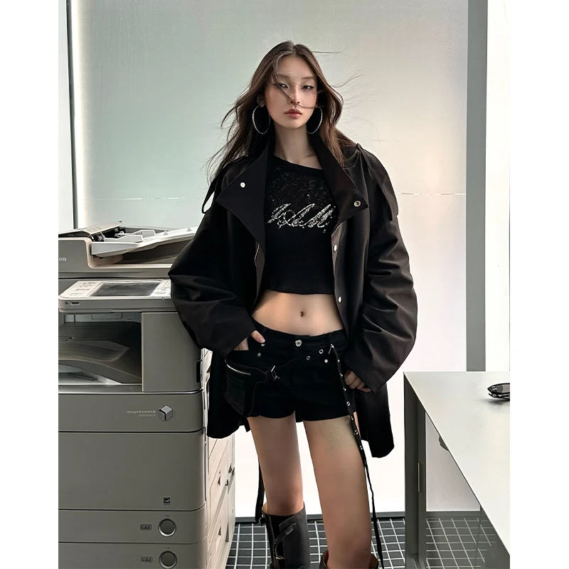 IAMC PLUS 秋日腔调 立领大翻领宽松夹克外套中长风衣外套女春秋