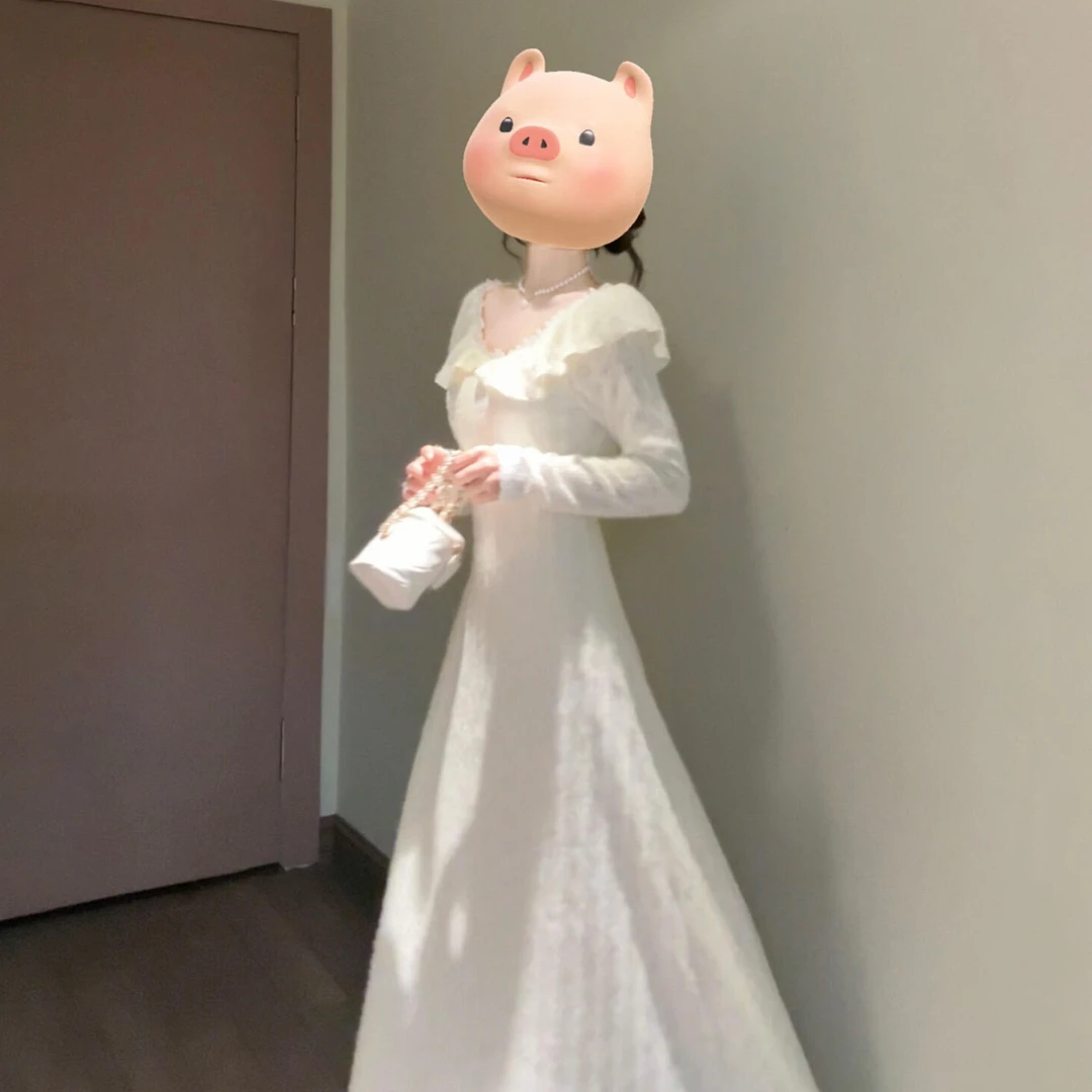 2025新款小个子香风miu系白色针织连衣裙子女秋冬内搭高级感长裙