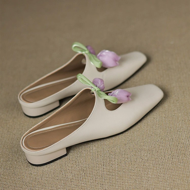 【指念】公主风蝴蝶结包头拖真皮半拖百搭凉拖花朵玛丽珍平底凉鞋
