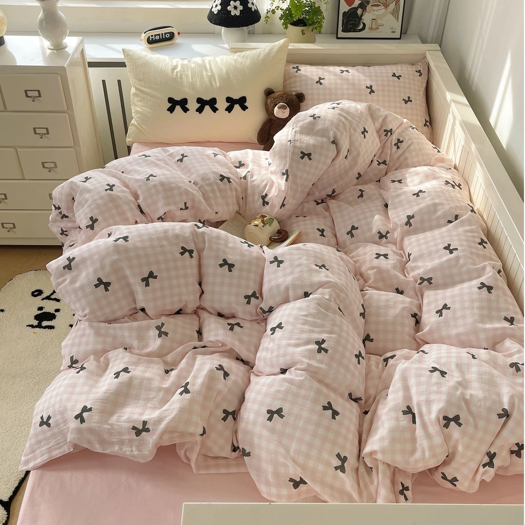 小玲子 蝴蝶结粉黑黄 全棉水洗棉毛巾绣三件套四件套 小清新风