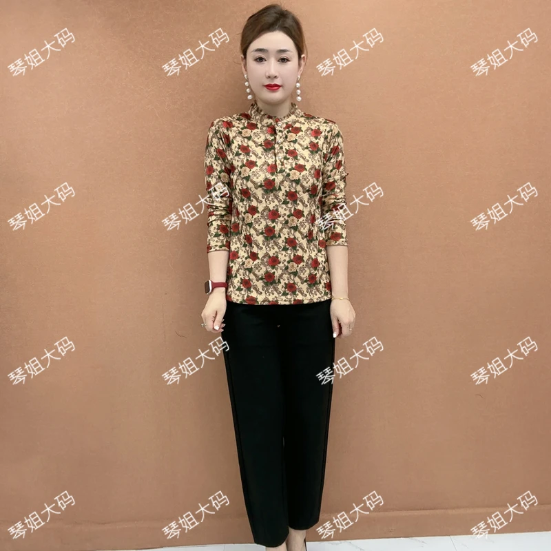 秋冬季妈妈装加绒保暖半高领洋气大码中老年印花打底衫A279&282SC