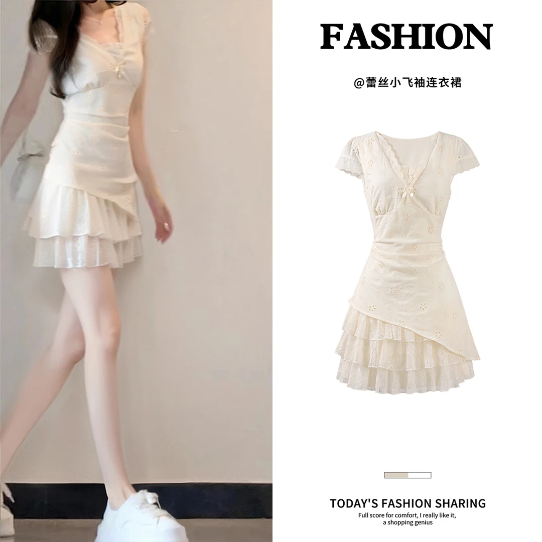 白色连衣裙短款初恋系miu系小洋裙巨好看掐腰v领小个子短裙子女夏