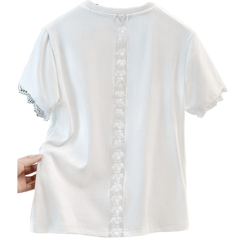 2025夏装新款女装时尚短袖蕾丝拼接正肩简约套头圆领T恤S52X4172T