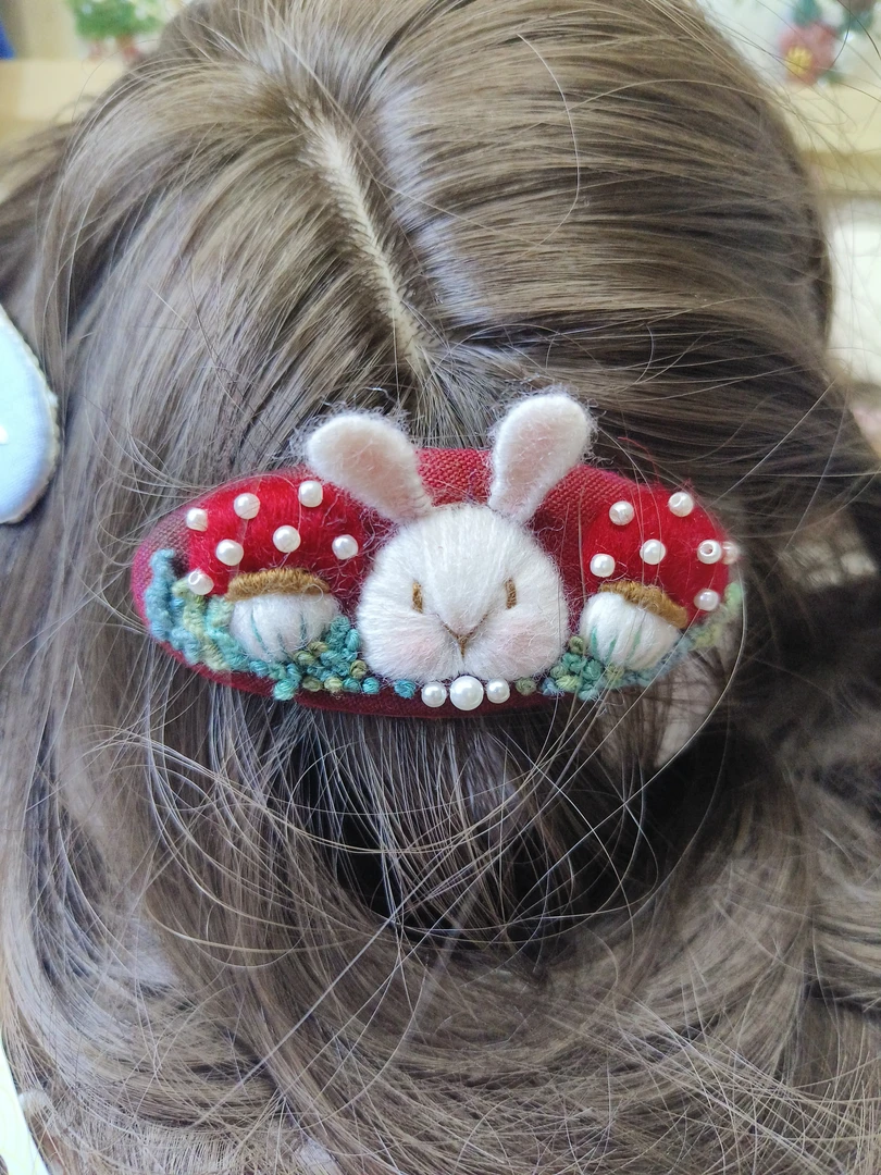 红色蘑菇兔，发夹手工