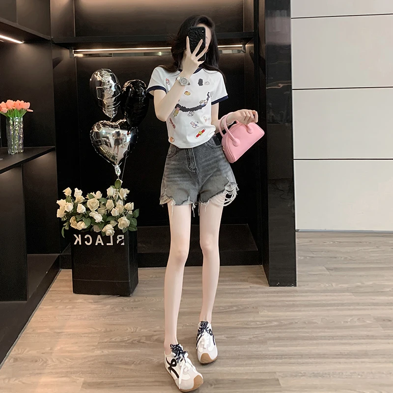 2025超火韩系夏日休闲运动套装女夏季减龄短袖破洞牛仔短裤两件套