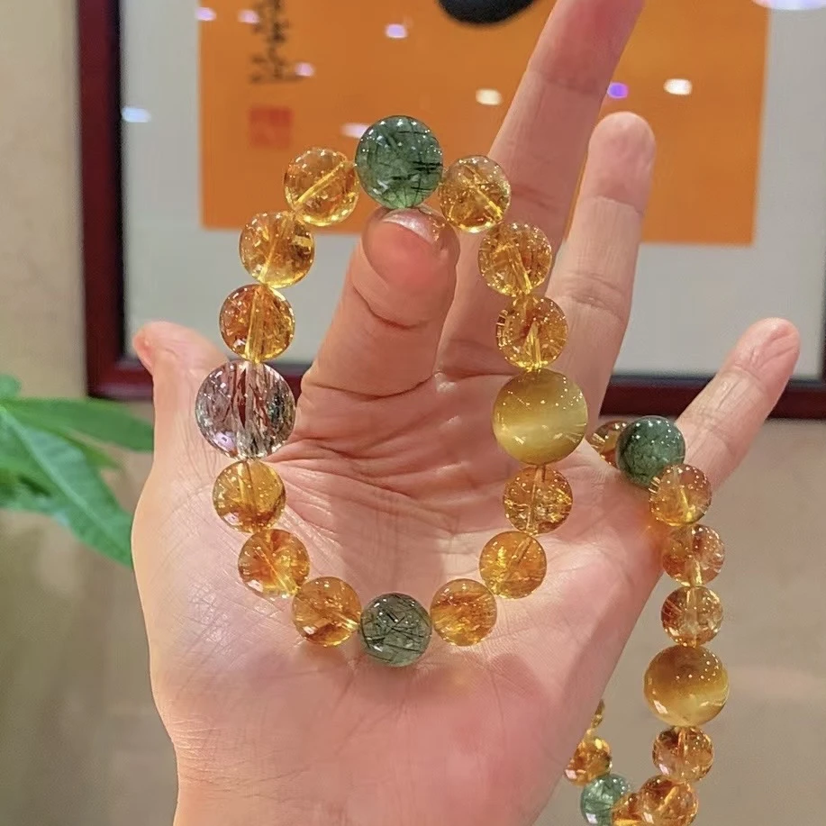 天然黄塔晶黑金超七水晶手链女款绿发晶多宝手串招财转运珠女款