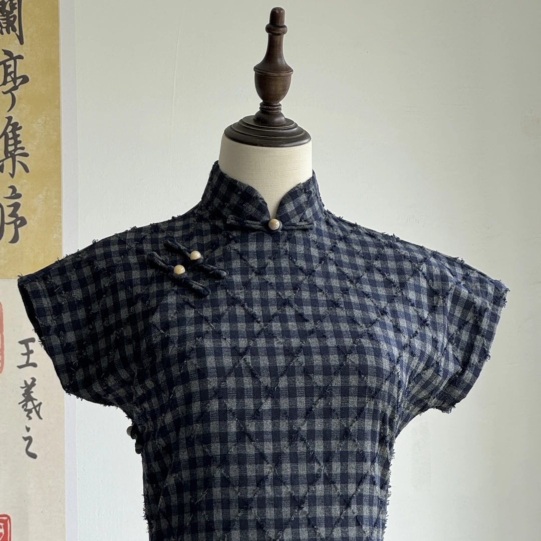 三小姐（简兮）长122+秋款新品复古文艺民国蓝色古法全开襟旗袍