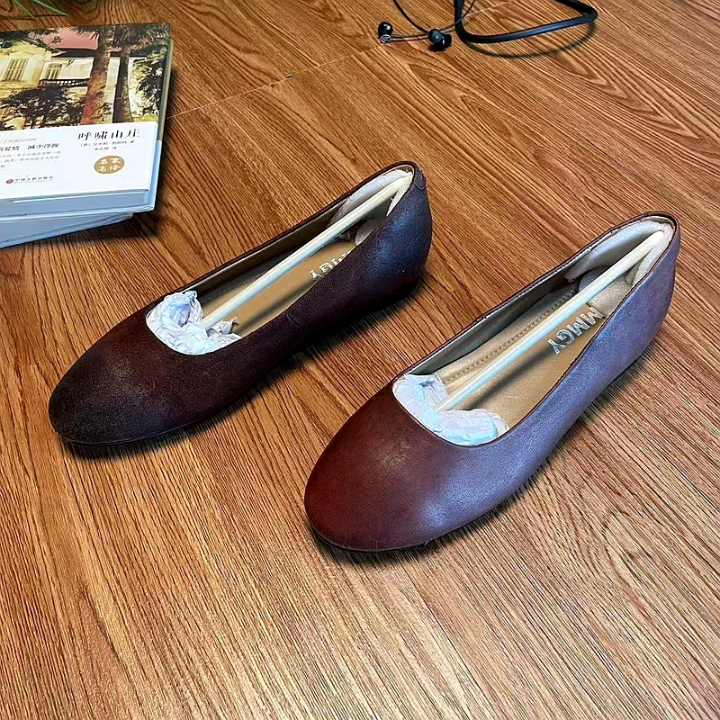 MMGY(木马公园）水洗马皮气质单鞋四季复古浅口一脚蹬法式女鞋