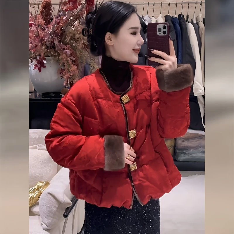 提花圆领女短款常规保暖棉服棉衣宽松立领休闲秋冬网红时尚