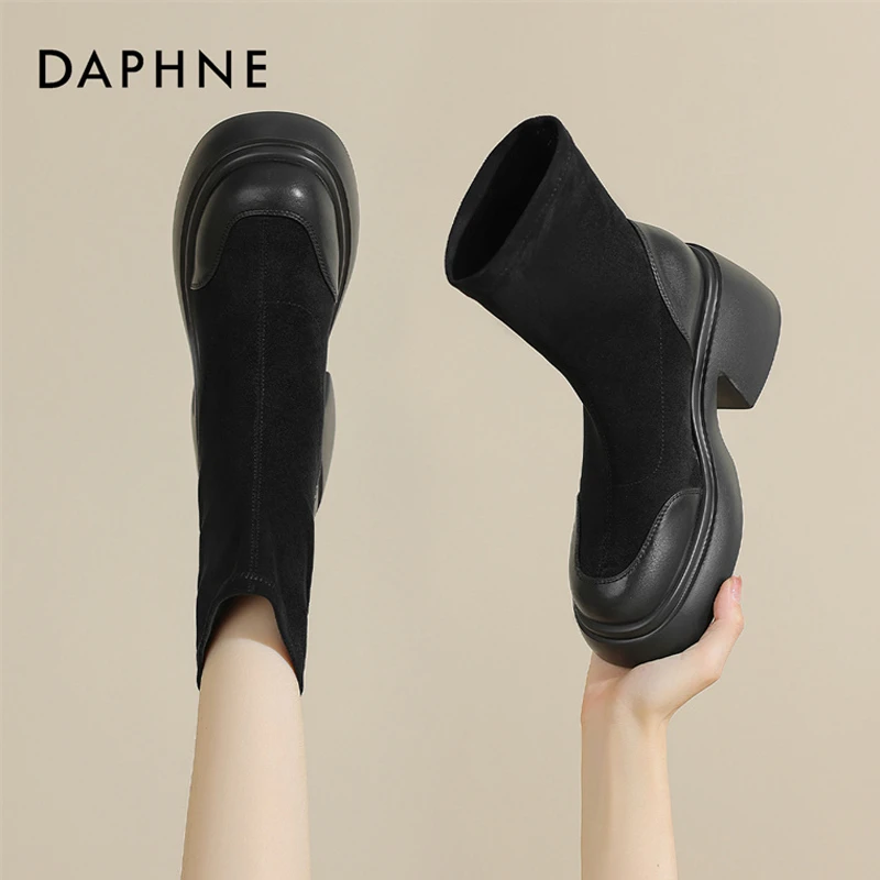 达芙妮短靴女2024年春秋新款时尚百搭复古显瘦小个子粗跟瘦瘦袜靴