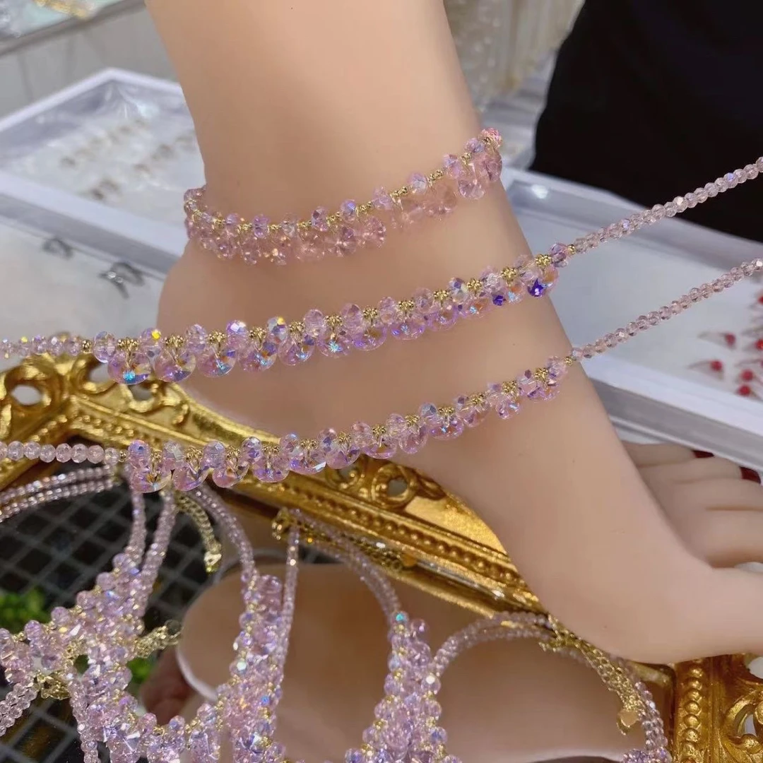 钛钢仿水晶脚链 网红潮流桃粉多吊坠女神脚链