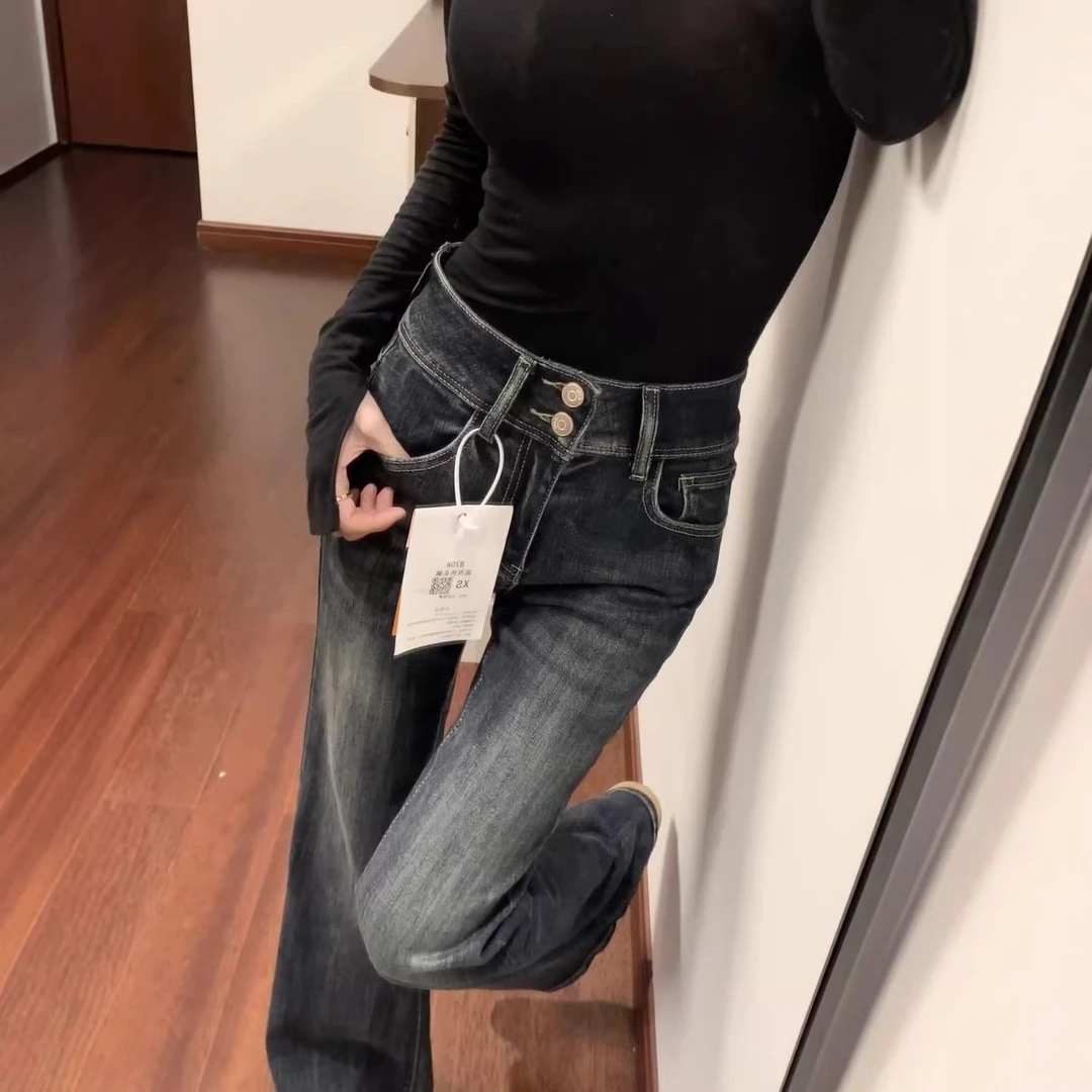 复古美式微喇牛仔裤女冬加绒加厚大码胖mm弹力显瘦梨形身材喇叭裤