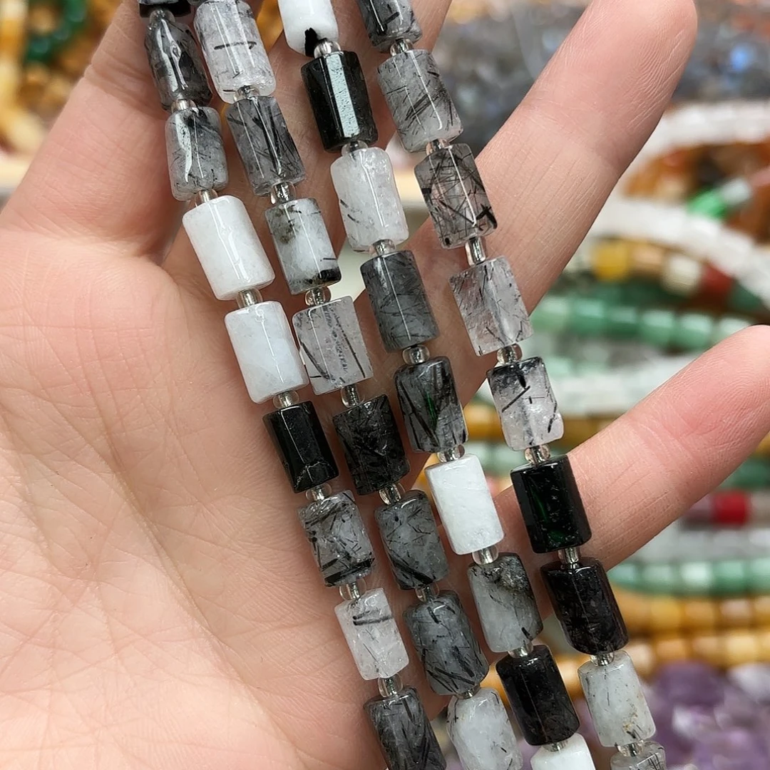 玛瑙/玉髓未镶嵌珠宝半成品7×10黑发晶柱子一条